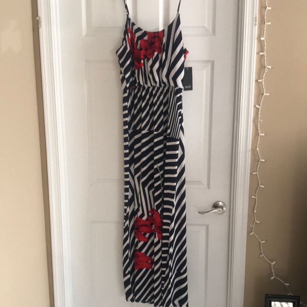 Navy blue and floral maxi dress, size L (8-10)
